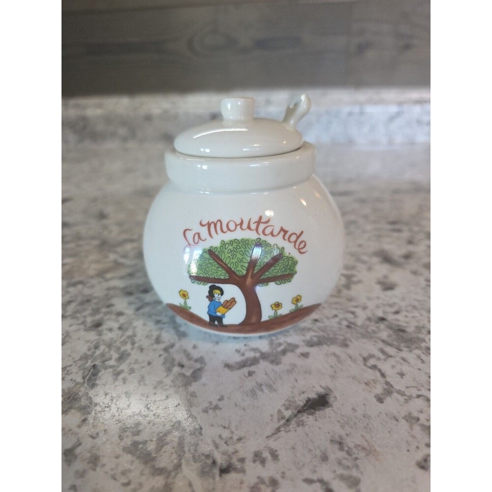 1984 Vintage Gallery Originals La Moutarde Mustard Pot/Condiment Jar, Lid, Spoon